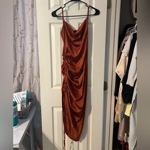 Burnt/Rust Orange Ruched Midi Dress